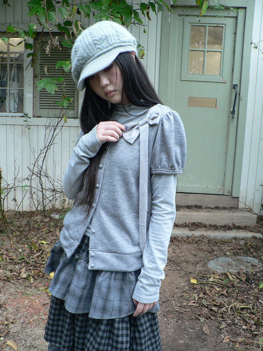Bow-Detail Knit Cardigan & Long Sleeve Two-Piece Set