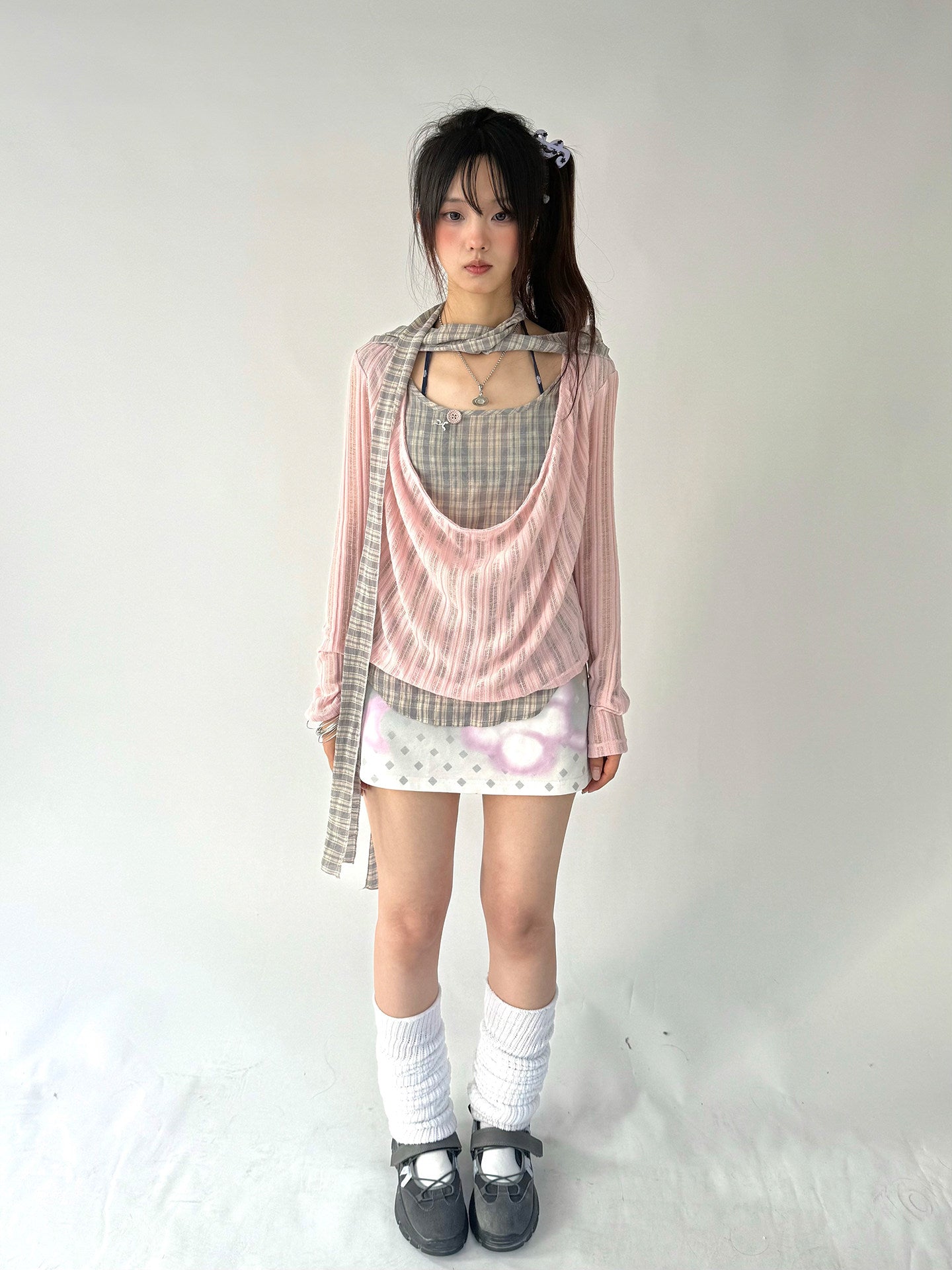 Dusty Pink Plaid Cowl-Neck Layered Top