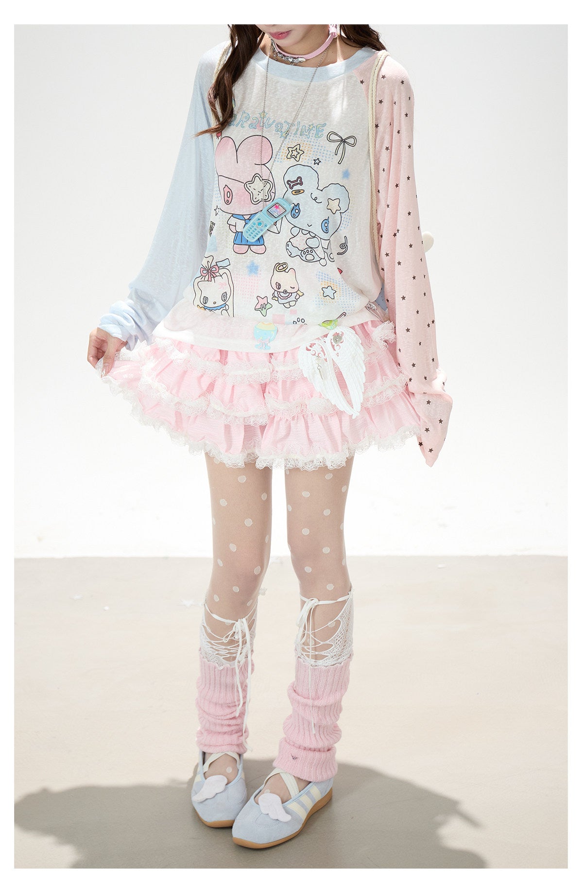 Cartoon Star Sheer Long Sleeve Top & Black Music Lace Gingham Mini Skirt