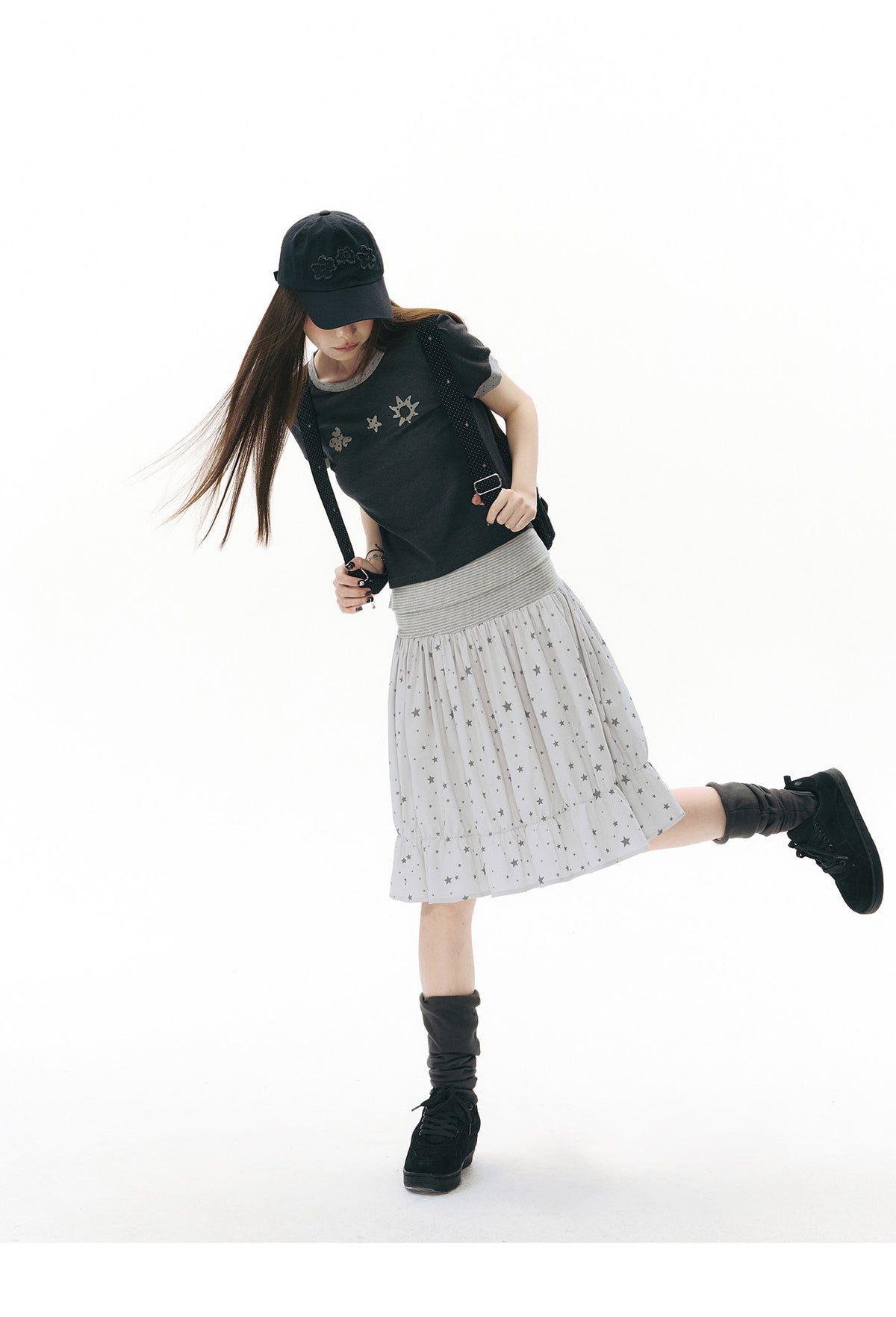 Star Print Striped-Waist Ruffle Midi Skirt