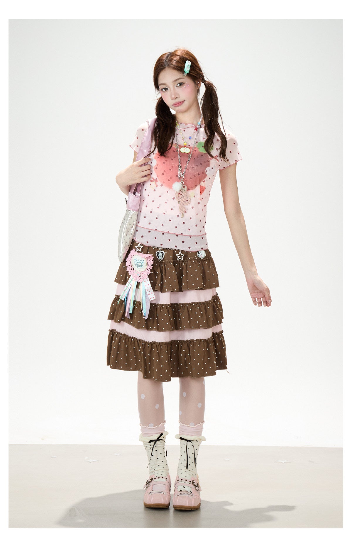Star Mesh Baby Tee & White Wide-Leg Pants