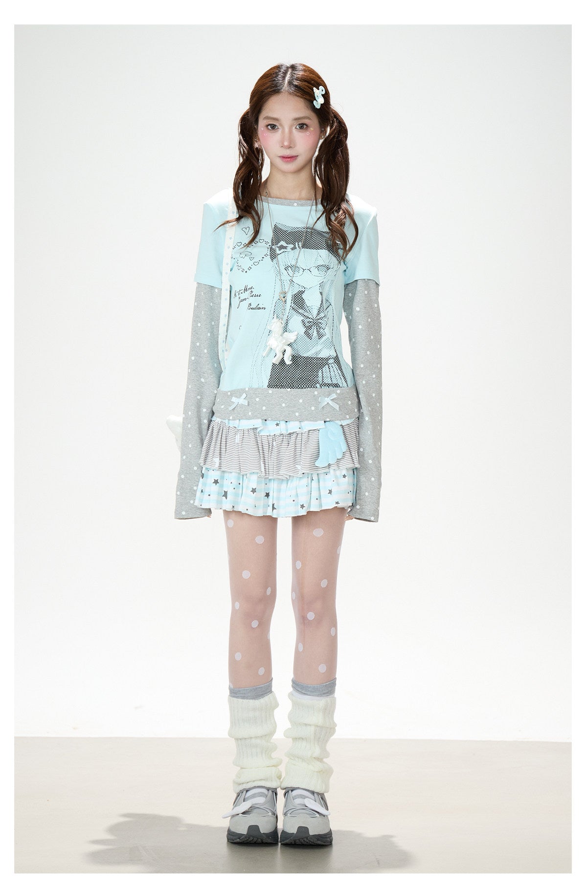 Anime Girl Polka-Dot Layered Long Sleeve Top & Star Tiered Ruffle Mini Skirt