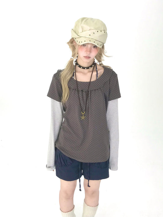 Polka Dot Striped Faux-Layered Long Sleeve Top