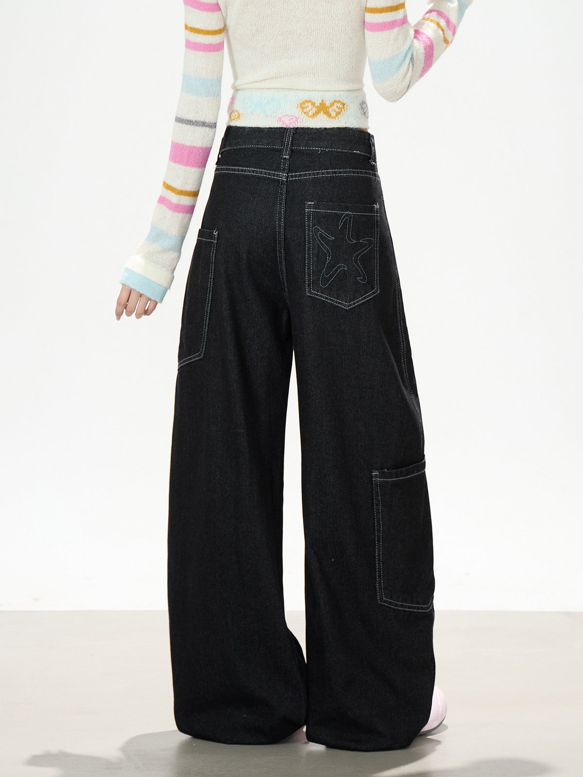 Star Embroidered Deconstructed Wide-Leg Cargo Jeans