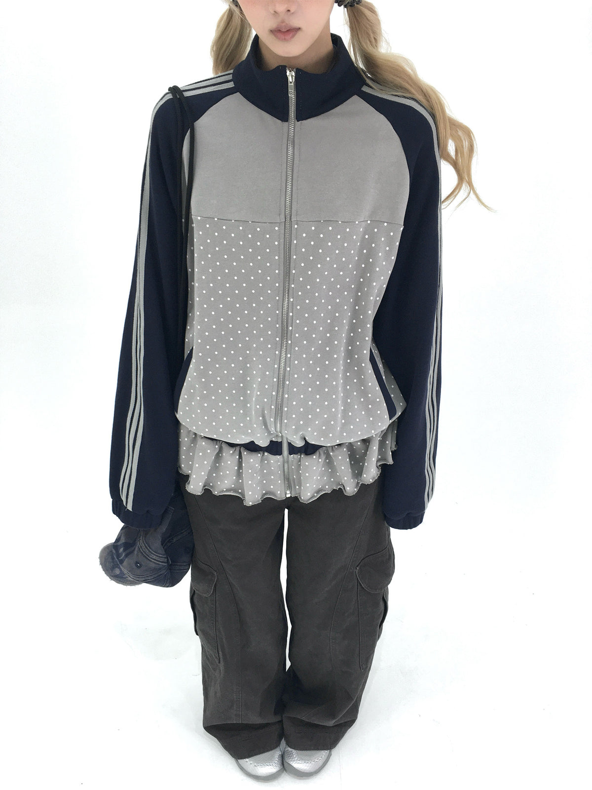 Gray Polka Dot Triple-Stripe Ruffle Zip Jacket