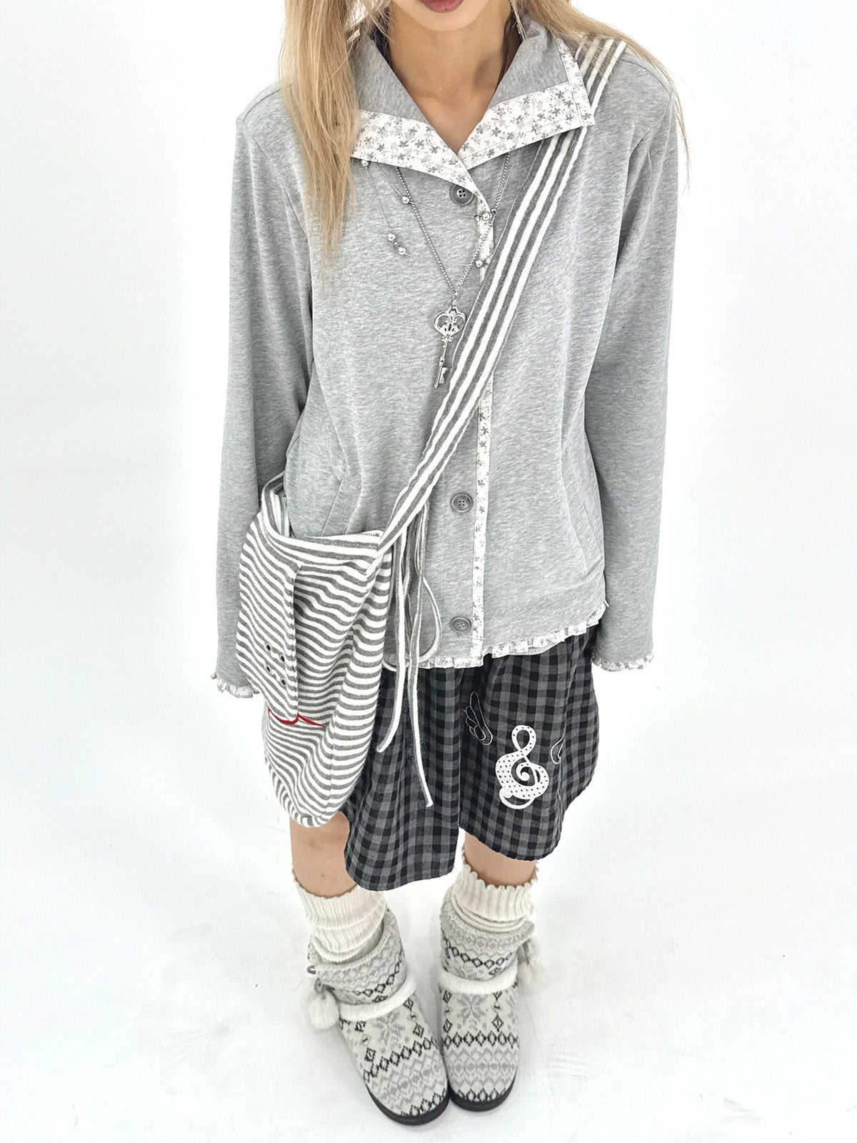 Floral-Trim Stand Collar Button Cardigan
