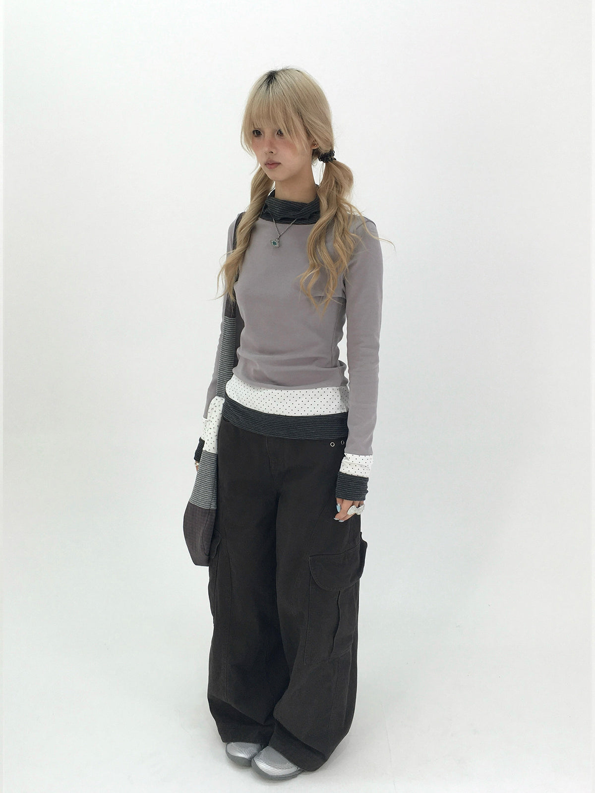 Mist Gray Polka Dot & Stripe Faux-Layer Long Sleeve Top