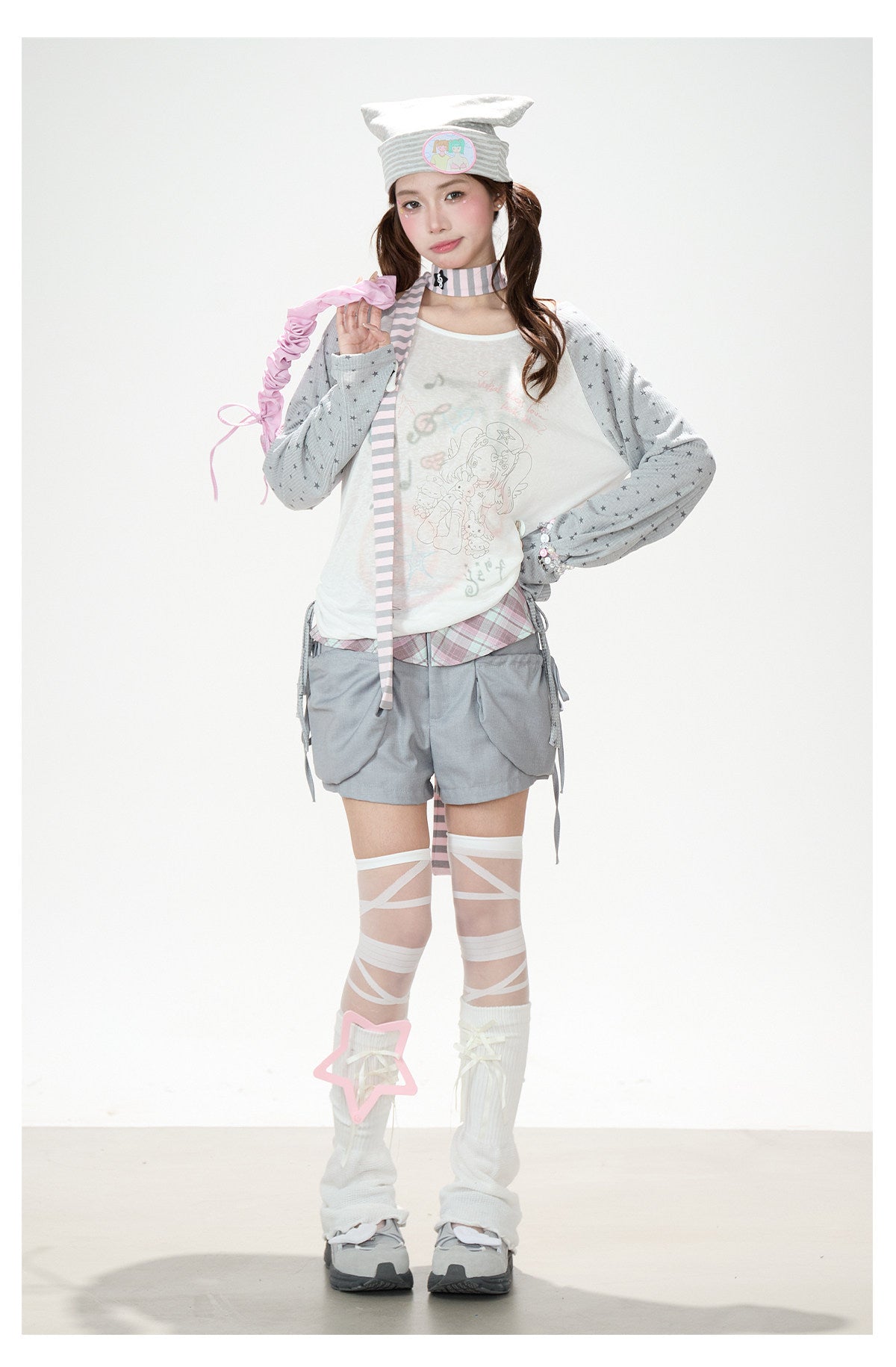 Dreamy Star Raglan Long Sleeve Top & Gray Striped Star Flare Pants