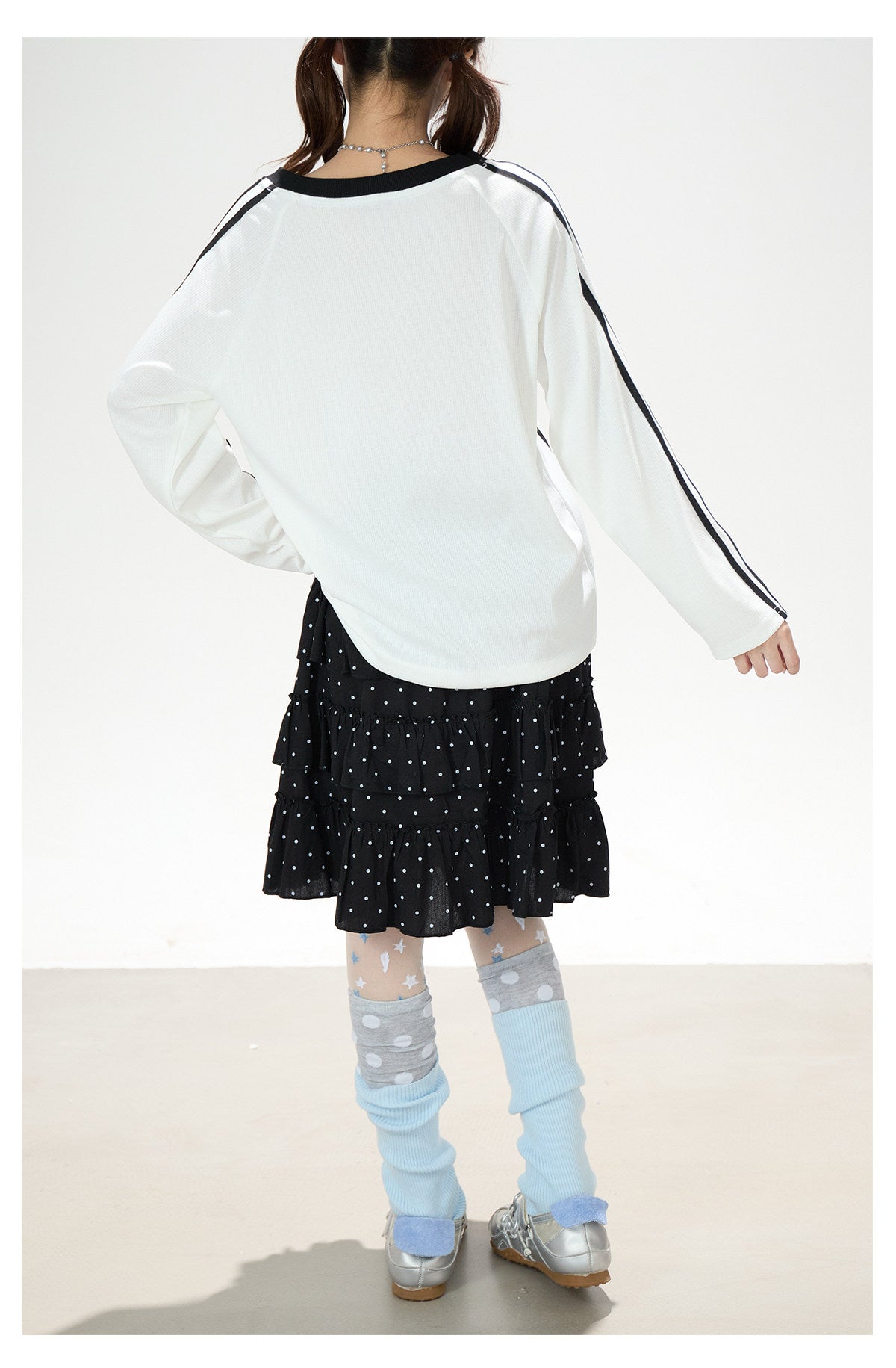 Dreamy Doodle V-Neck Long Sleeve Top & Polka Dot Tiered Ruffle Skirt