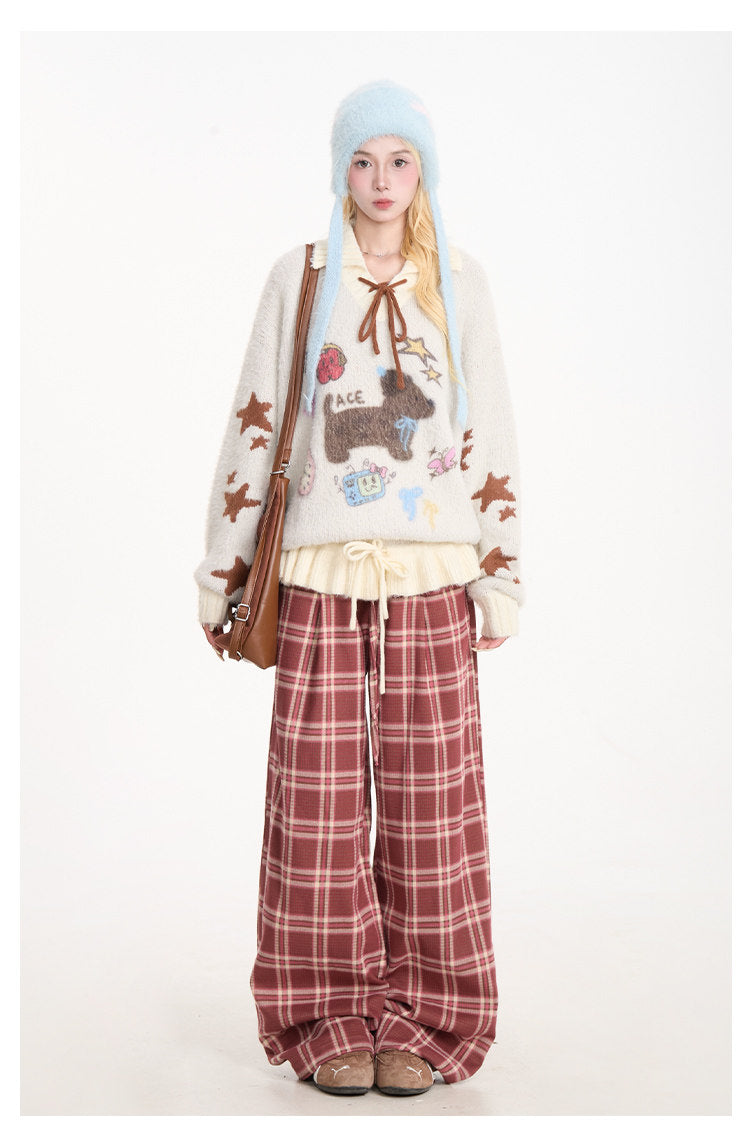 Puppy Graphic Bow-Collar Oversized Knit Sweater