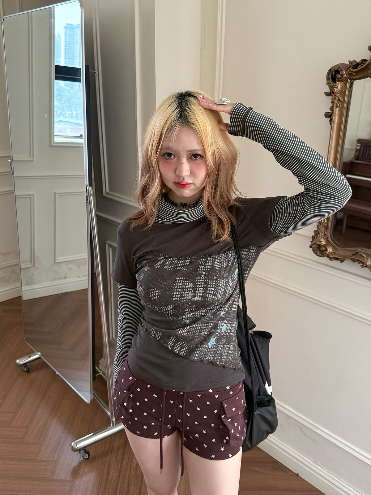 Striped Mock Neck Faux-Layer Graphic Long Sleeve Top