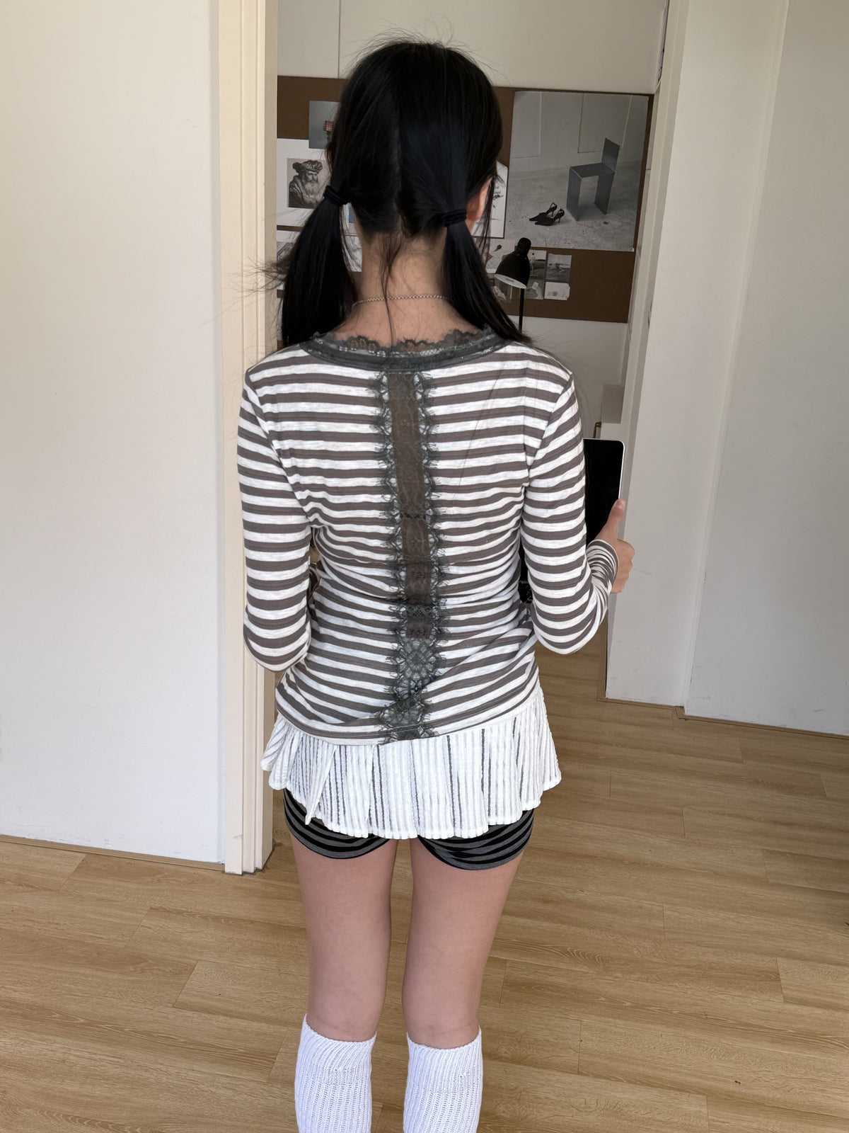 Gray Stripe Lace V-Neck Graphic Long Sleeve Tee