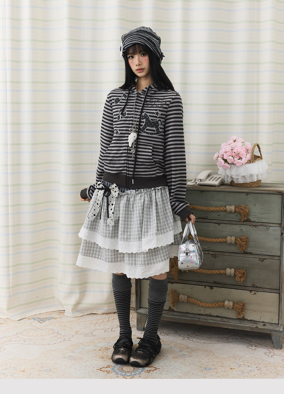 Asymmetric Plaid Lace Tiered Midi Skirt