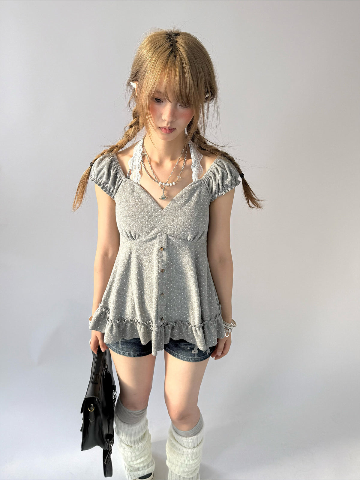 Polka Dot Lace Halter Ruffle Tee