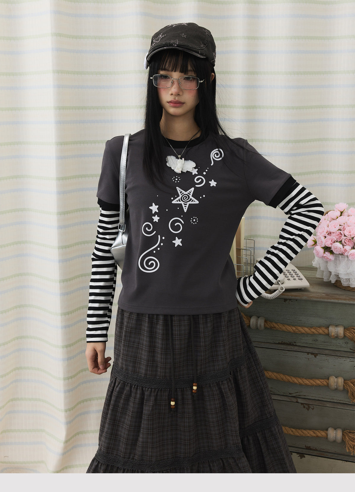 Star Swirl Layered Stripe Long Sleeve Top