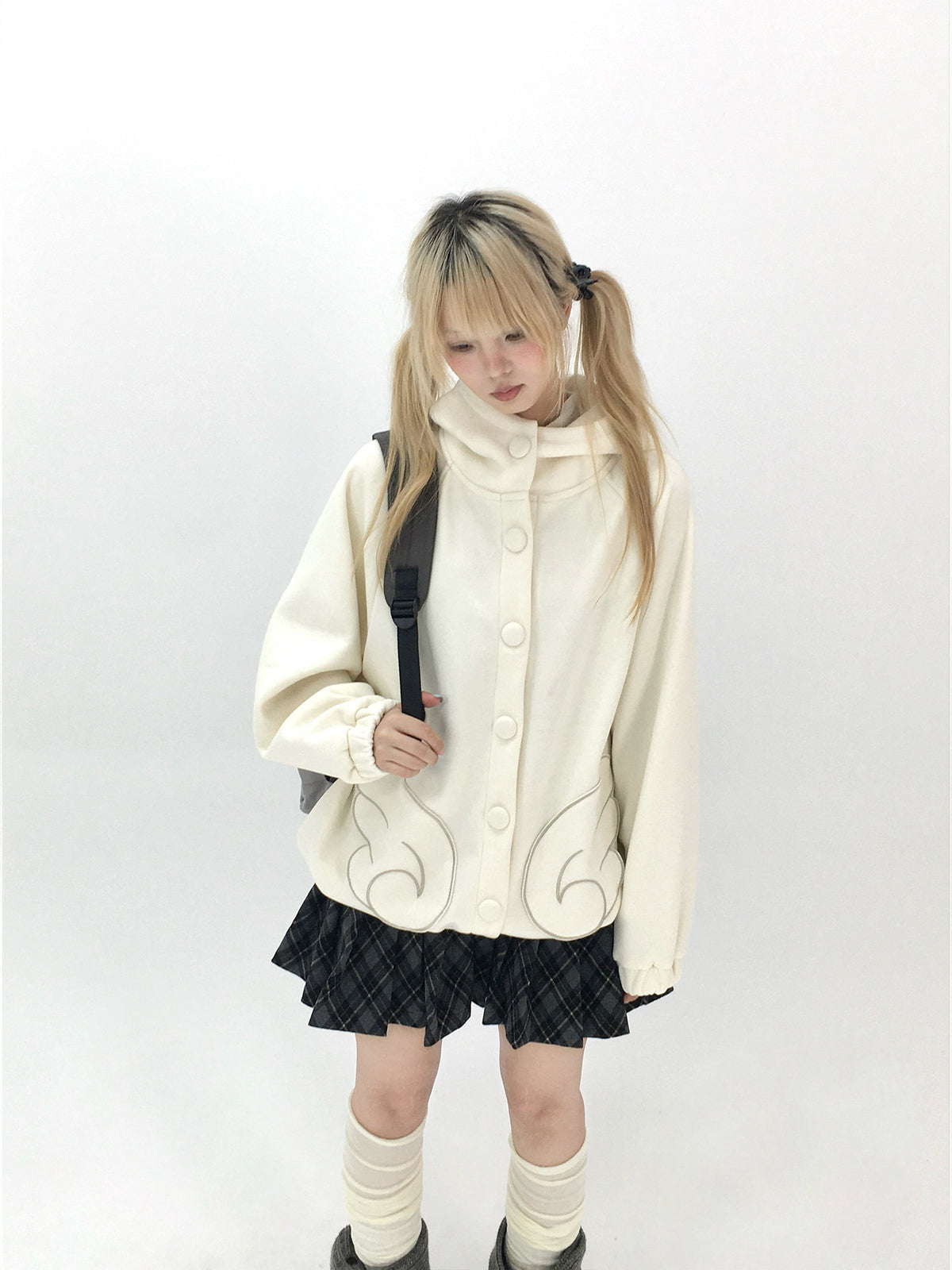 Dusty Blue & Ivory Fleece-Lined Cat Ear Wing Pocket Hooded Jacket