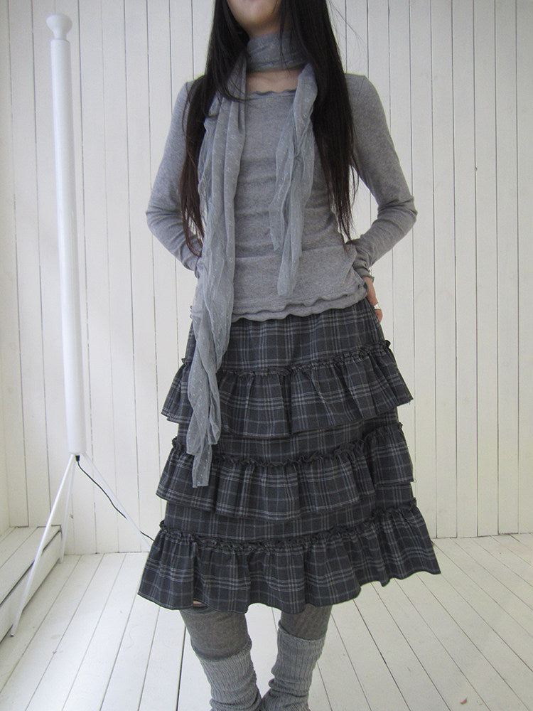 Vintage Gray Plaid Tiered Ruffle Skirt