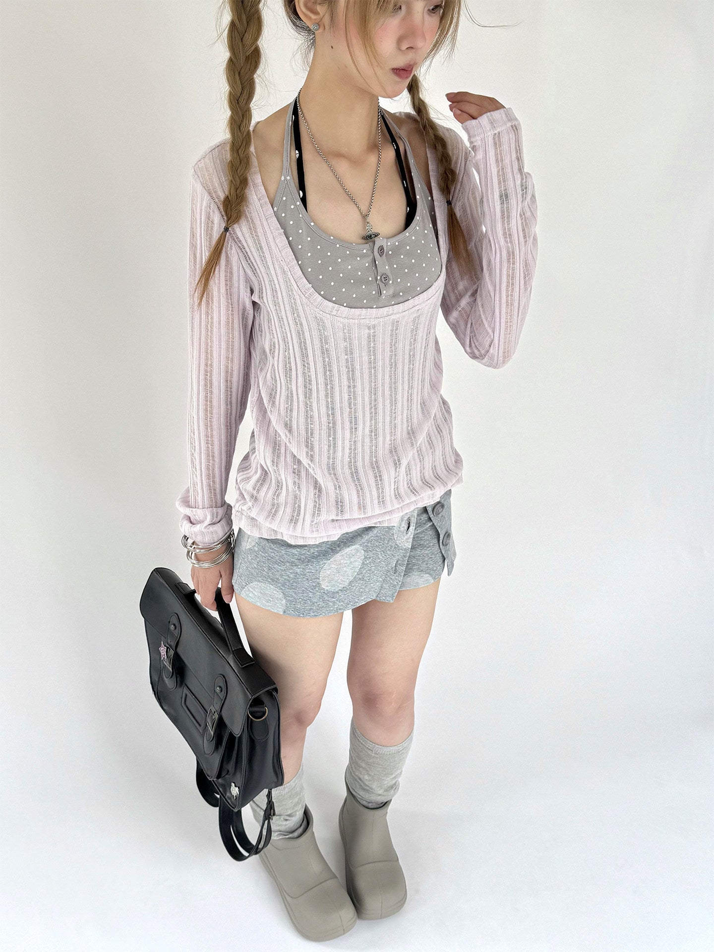 Wisteria Open-Knit Faux-Layer Long Sleeve Top