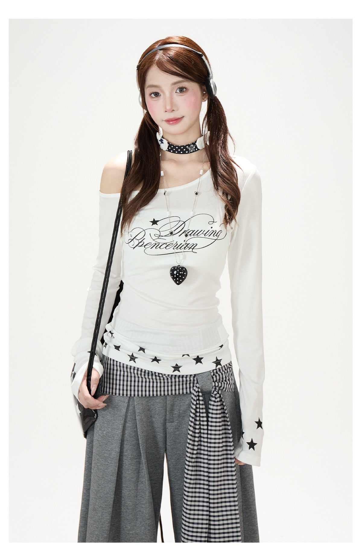 Star Letter Off-Shoulder Long Sleeve Top & Gray Graphic Wide-Leg Pants