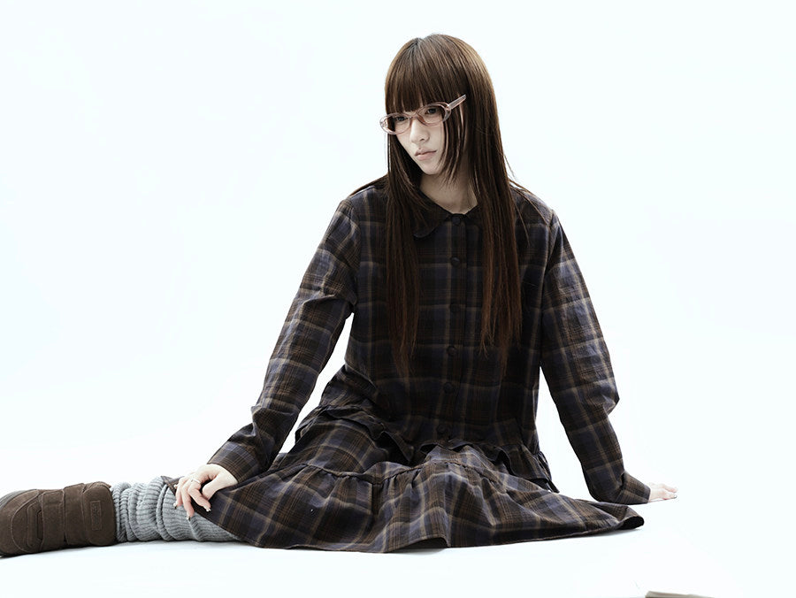 Plaid Ruffle-Hem Long Sleeve Shirt Dress