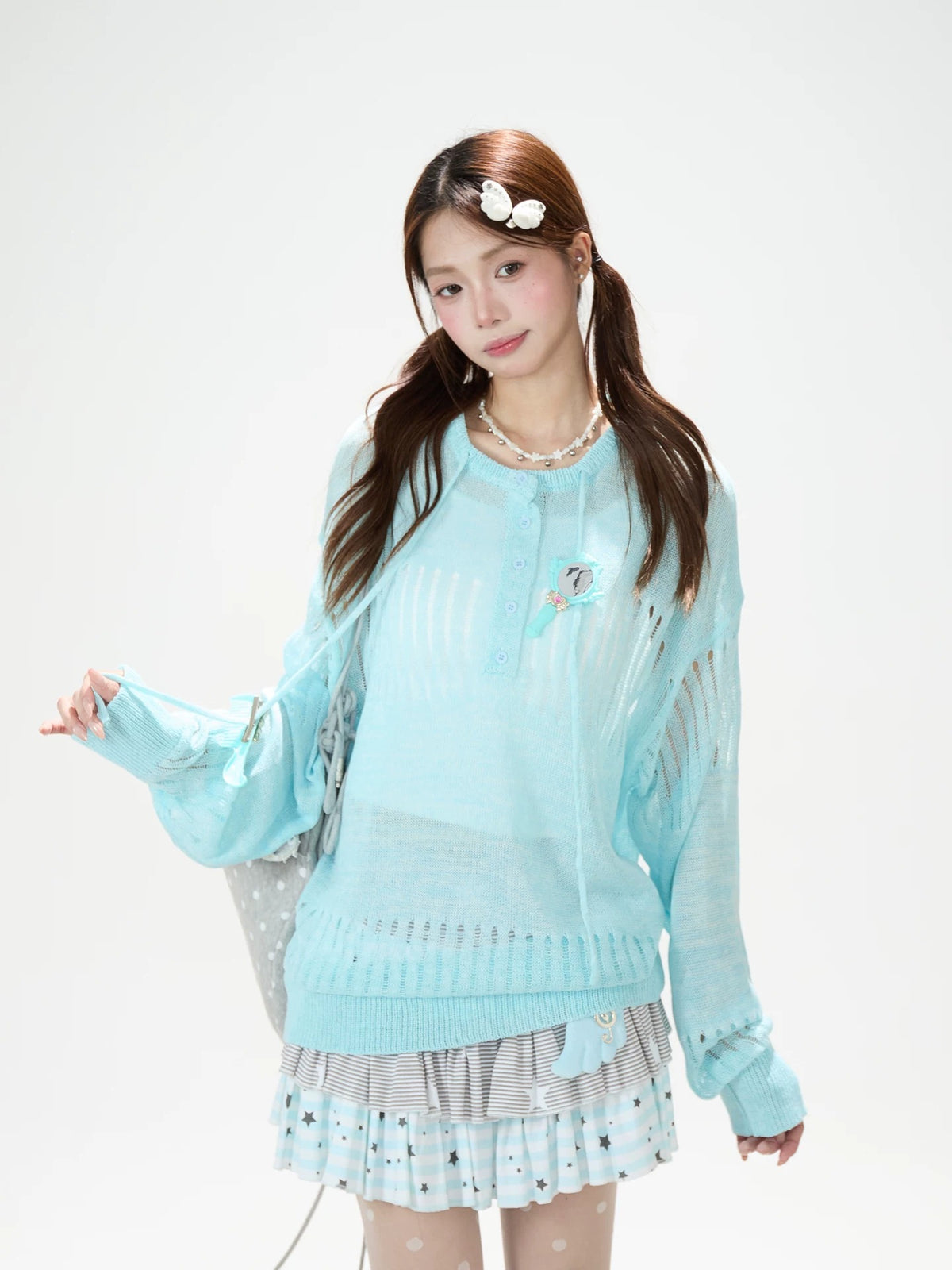 Openwork Knit Long Sleeve Top & Light Blue Layered Ruffle Mini Skirt