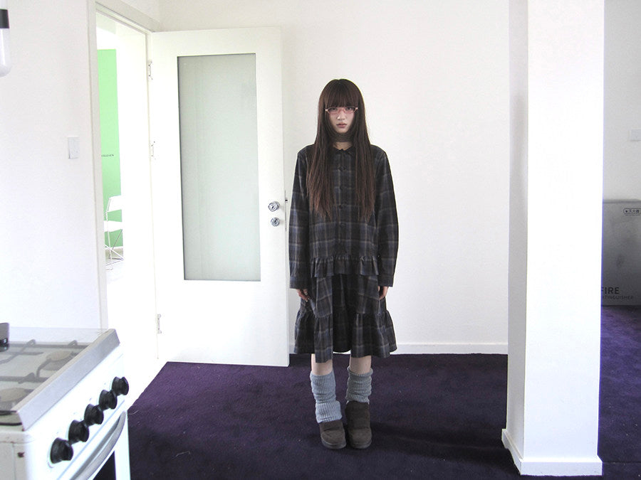 Plaid Ruffle-Hem Long Sleeve Shirt Dress