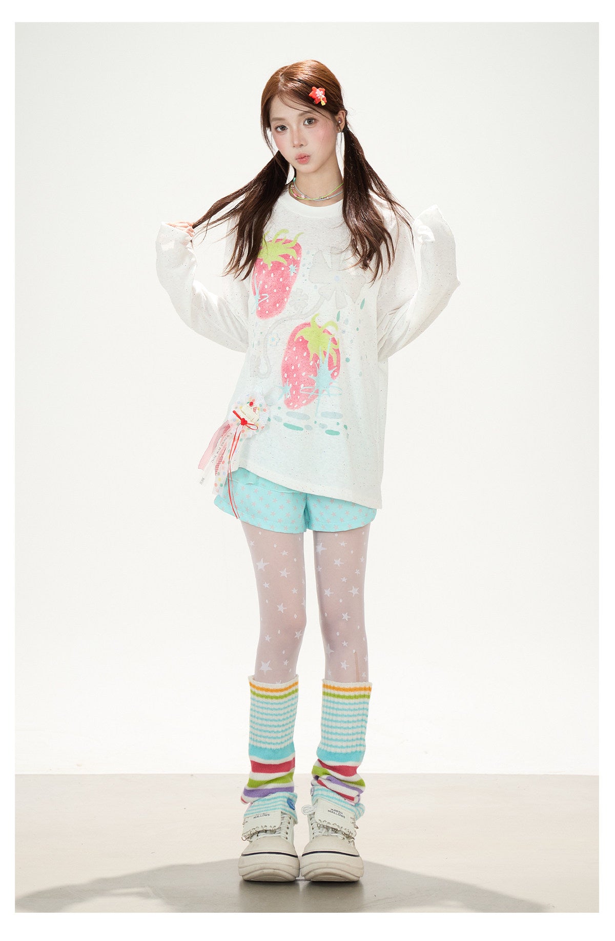 Strawberry Doodle Long Sleeve Tee & Aqua Polka-Dot Shorts