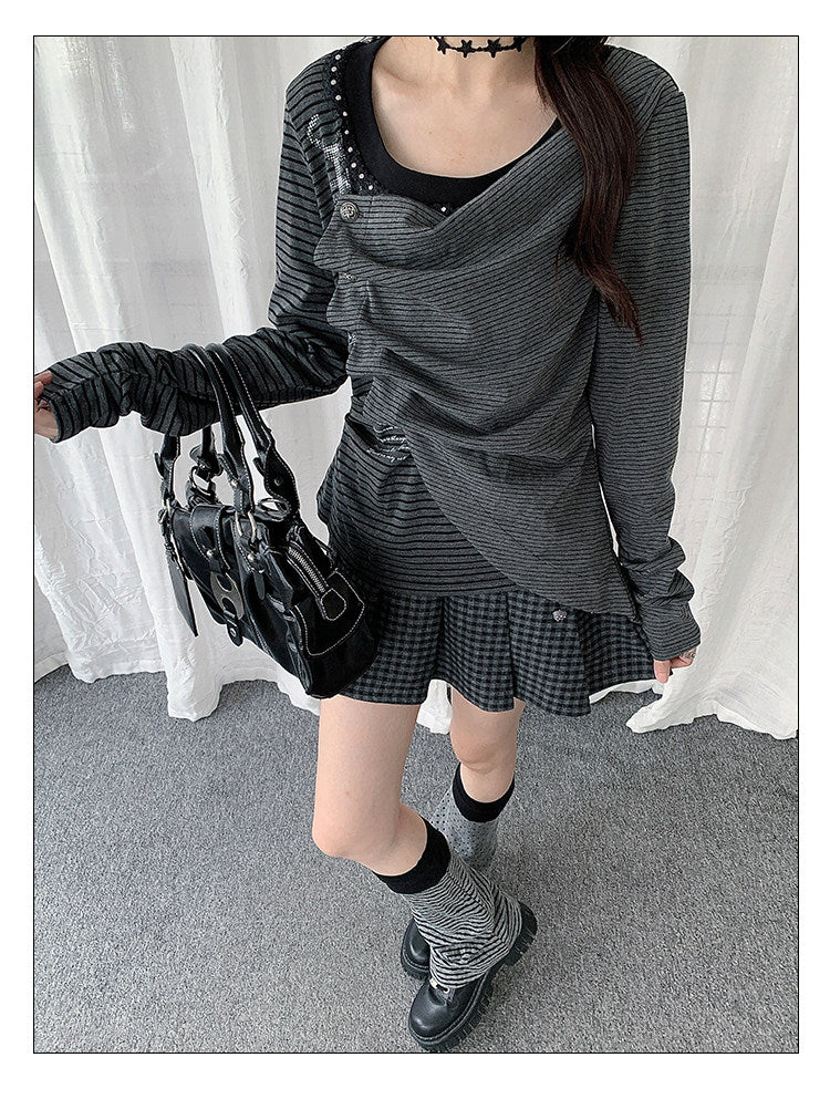 Asymmetric Button-Drape Striped Long Sleeve Top