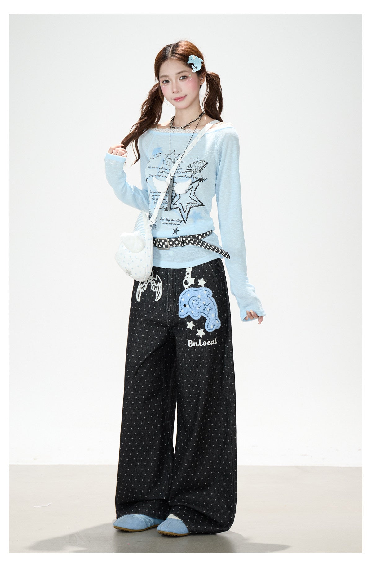 Dolphin Embroidered Polka Dot Wide-Leg Jeans