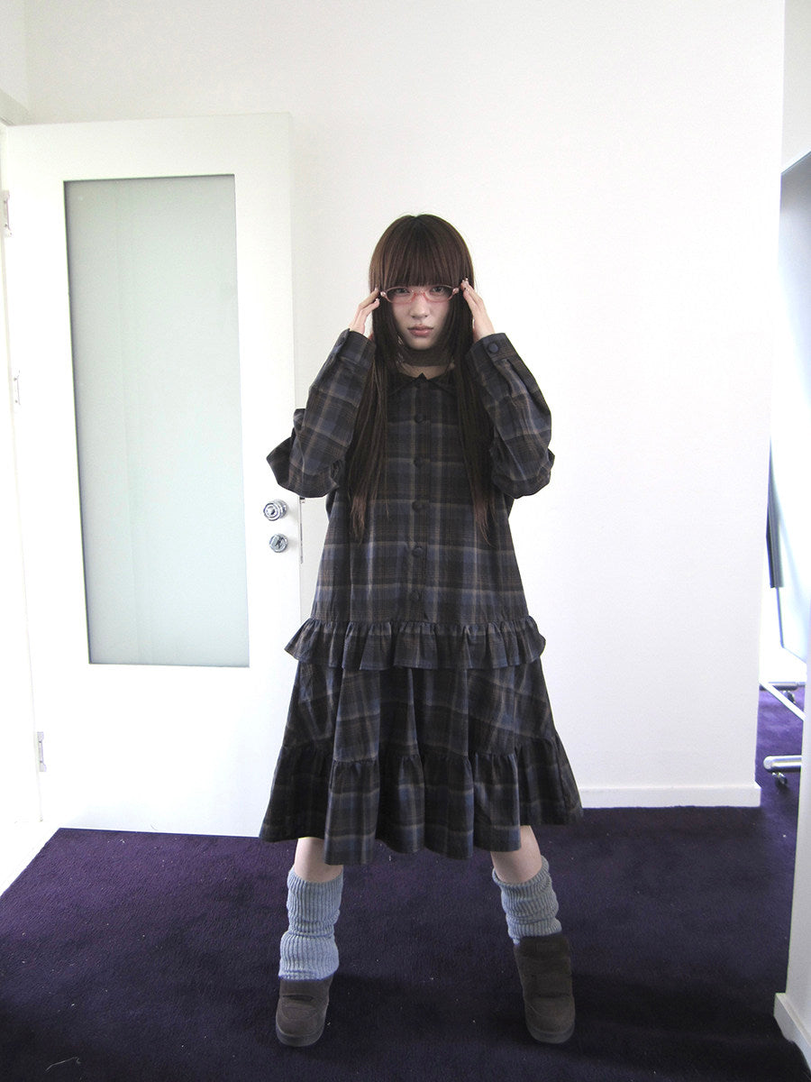 Plaid Ruffle-Hem Long Sleeve Shirt Dress