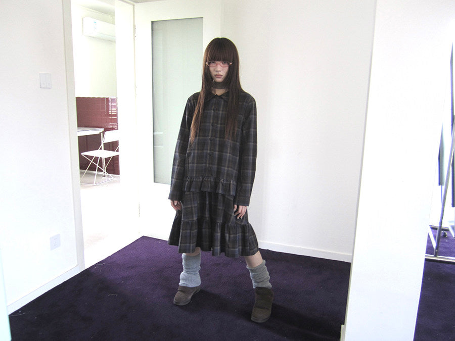 Plaid Ruffle-Hem Long Sleeve Shirt Dress
