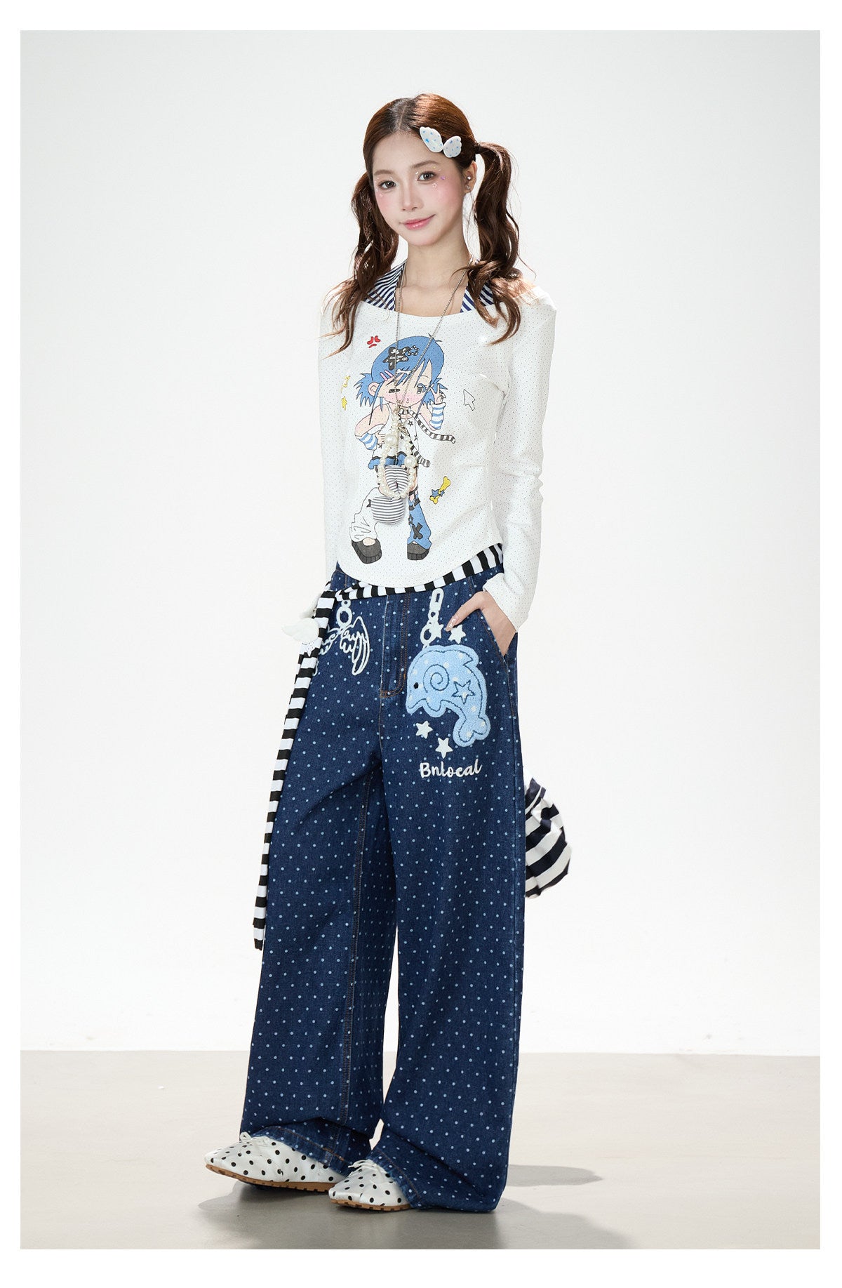 Dolphin Embroidered Polka Dot Wide-Leg Jeans