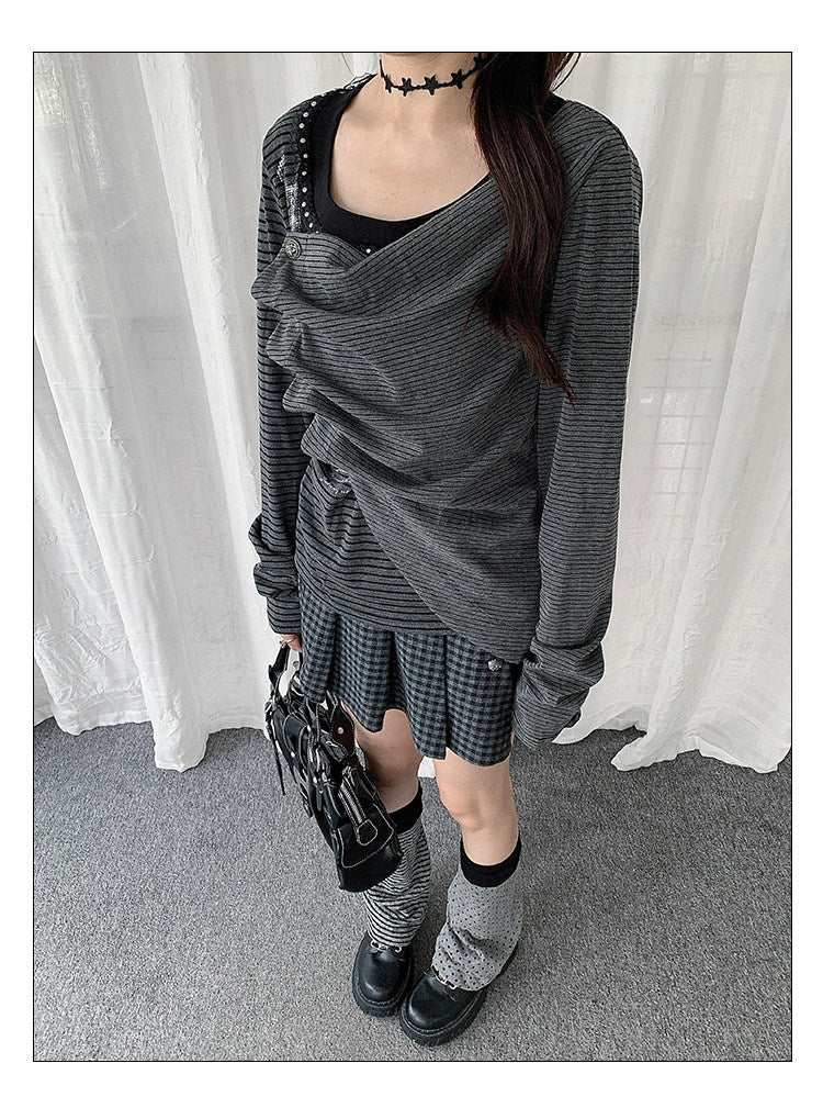 Asymmetric Button-Drape Striped Long Sleeve Top