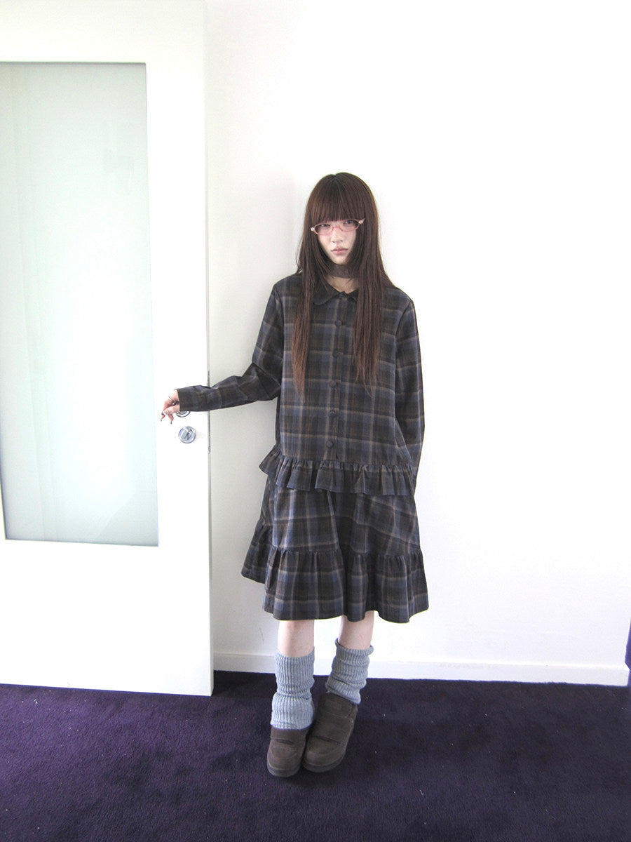 Plaid Ruffle-Hem Long Sleeve Shirt Dress