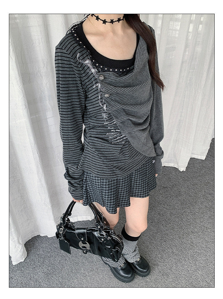 Asymmetric Button-Drape Striped Long Sleeve Top