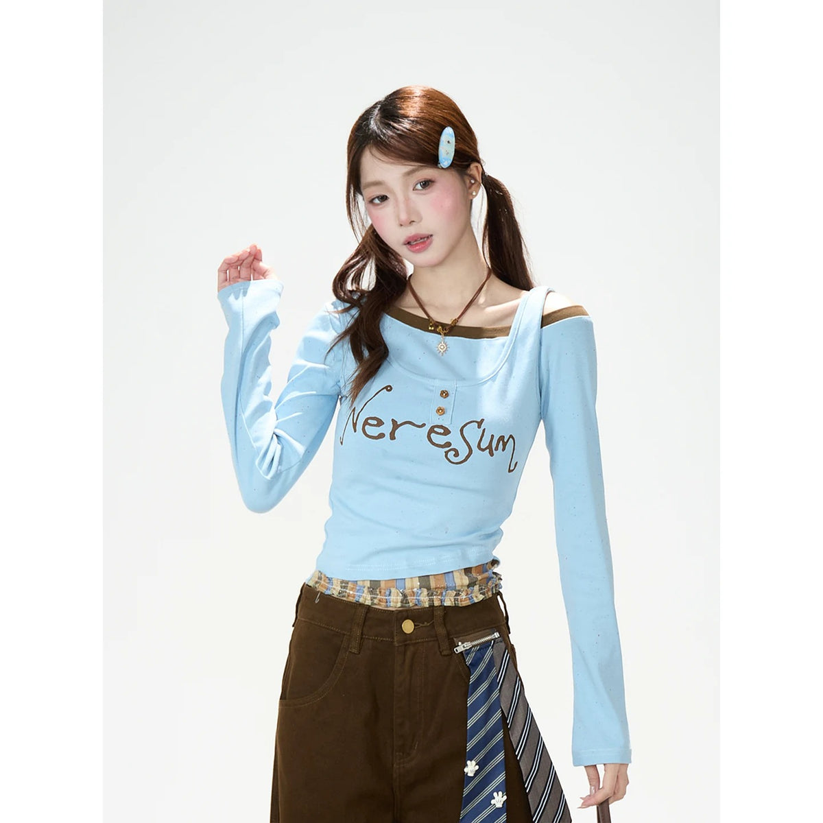 Letter Print Layered Long Sleeve Top & Star Patch Wide-Leg Jeans