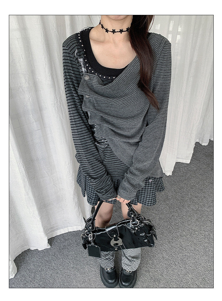 Asymmetric Button-Drape Striped Long Sleeve Top