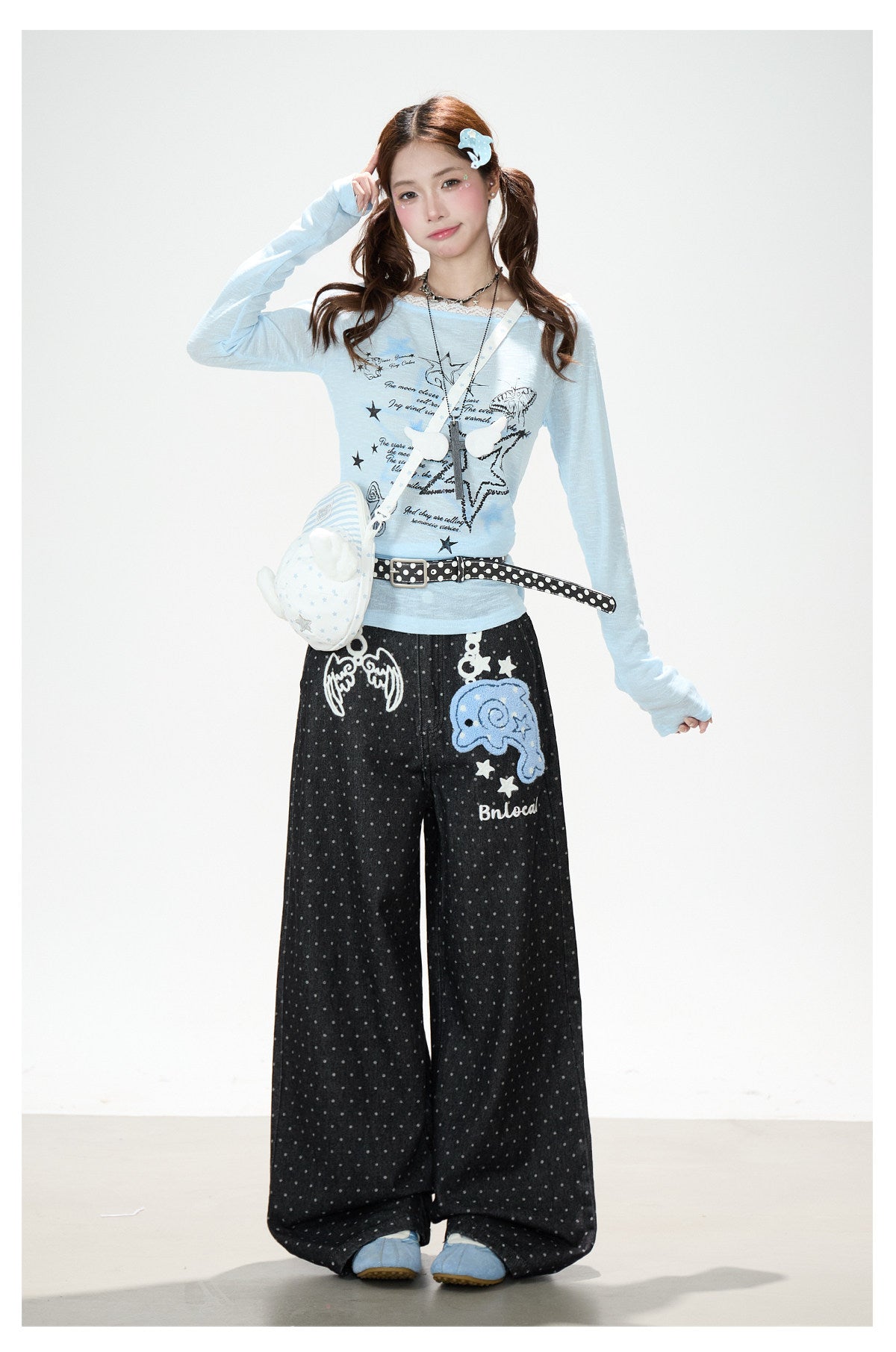 Dolphin Embroidered Polka Dot Wide-Leg Jeans