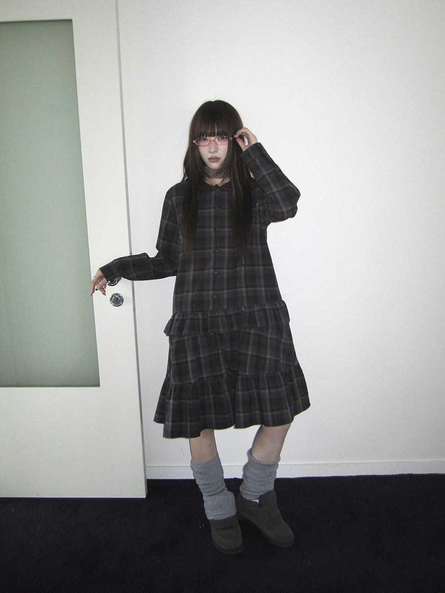 Plaid Ruffle-Hem Long Sleeve Shirt Dress
