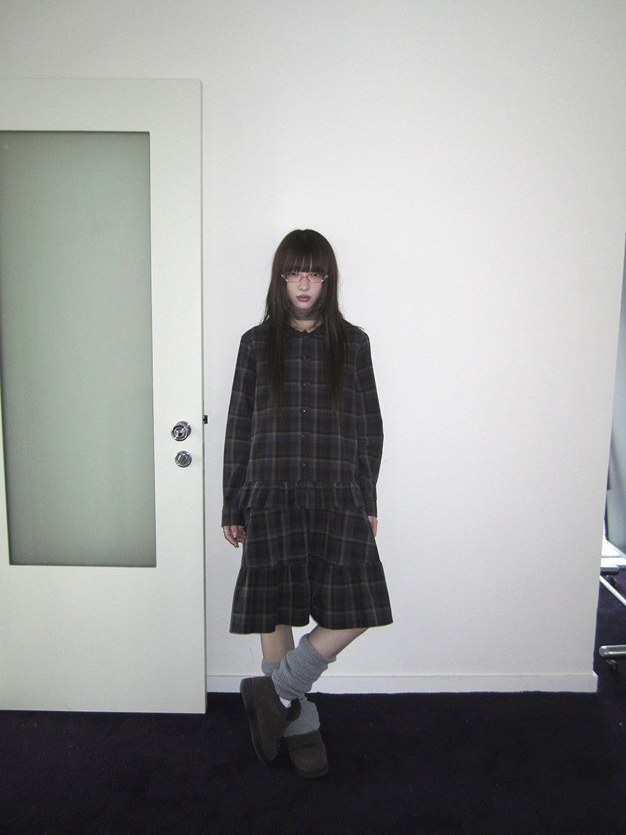 Plaid Ruffle-Hem Long Sleeve Shirt Dress