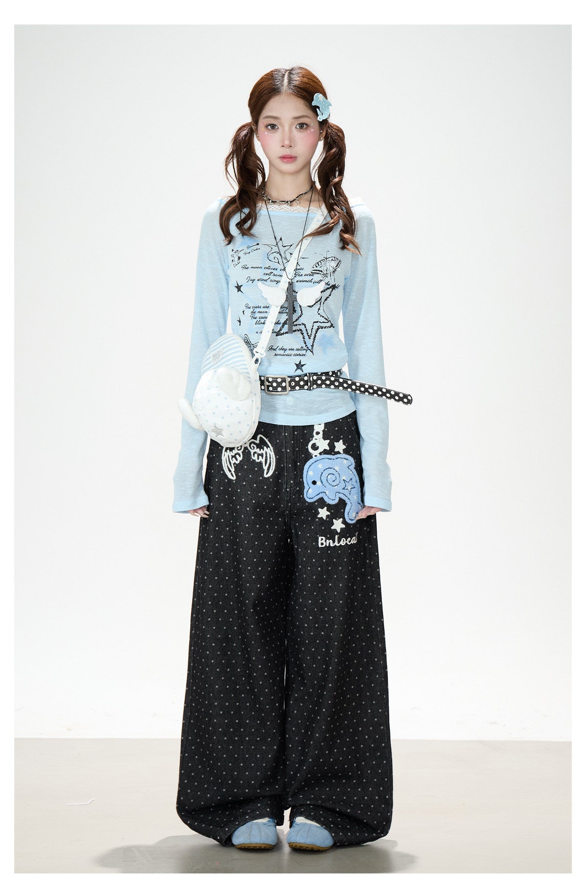 Dolphin Embroidered Polka Dot Wide-Leg Jeans