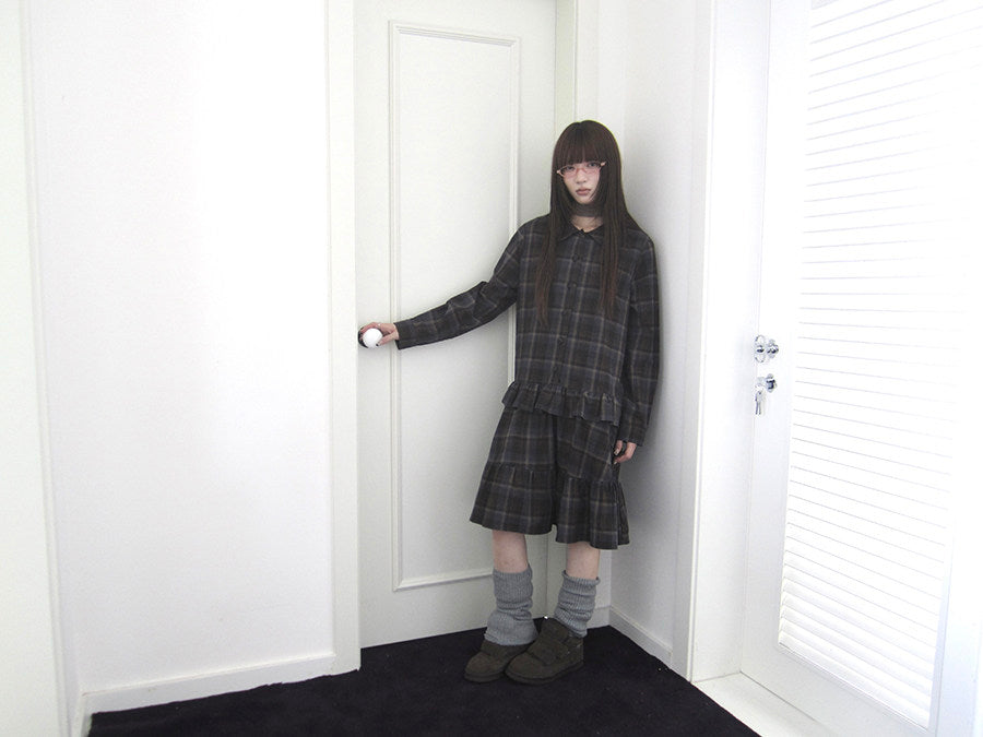 Plaid Ruffle-Hem Long Sleeve Shirt Dress