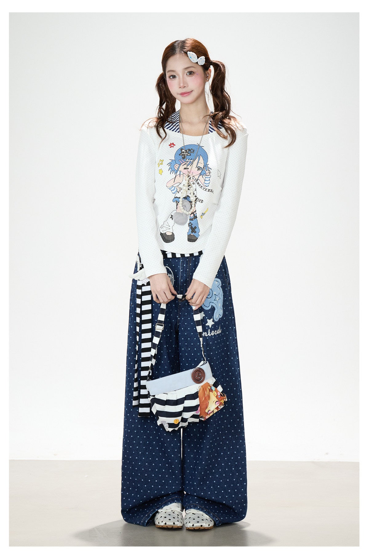 Dolphin Embroidered Polka Dot Wide-Leg Jeans
