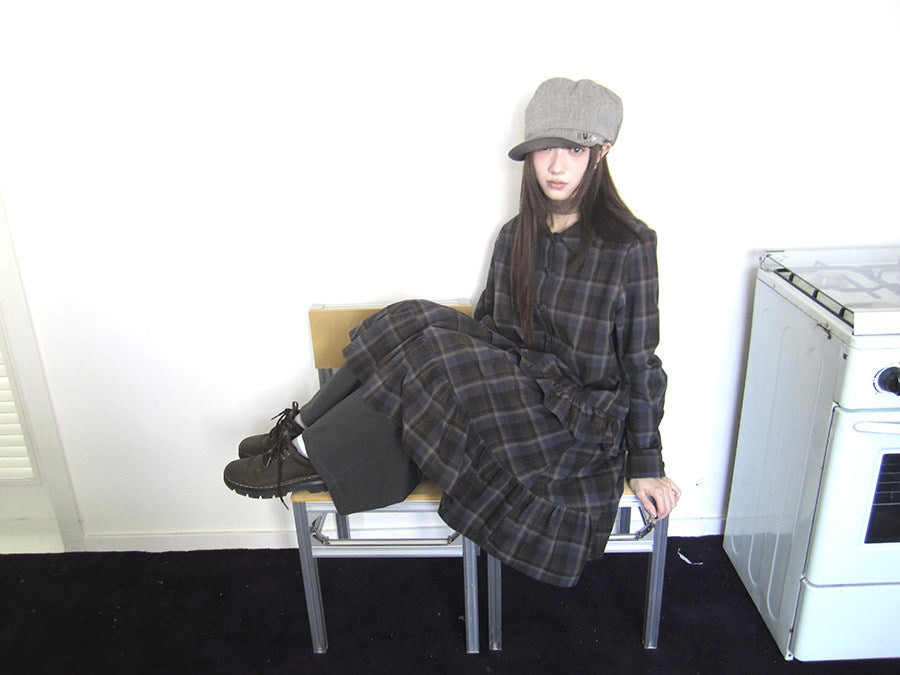 Plaid Ruffle-Hem Long Sleeve Shirt Dress
