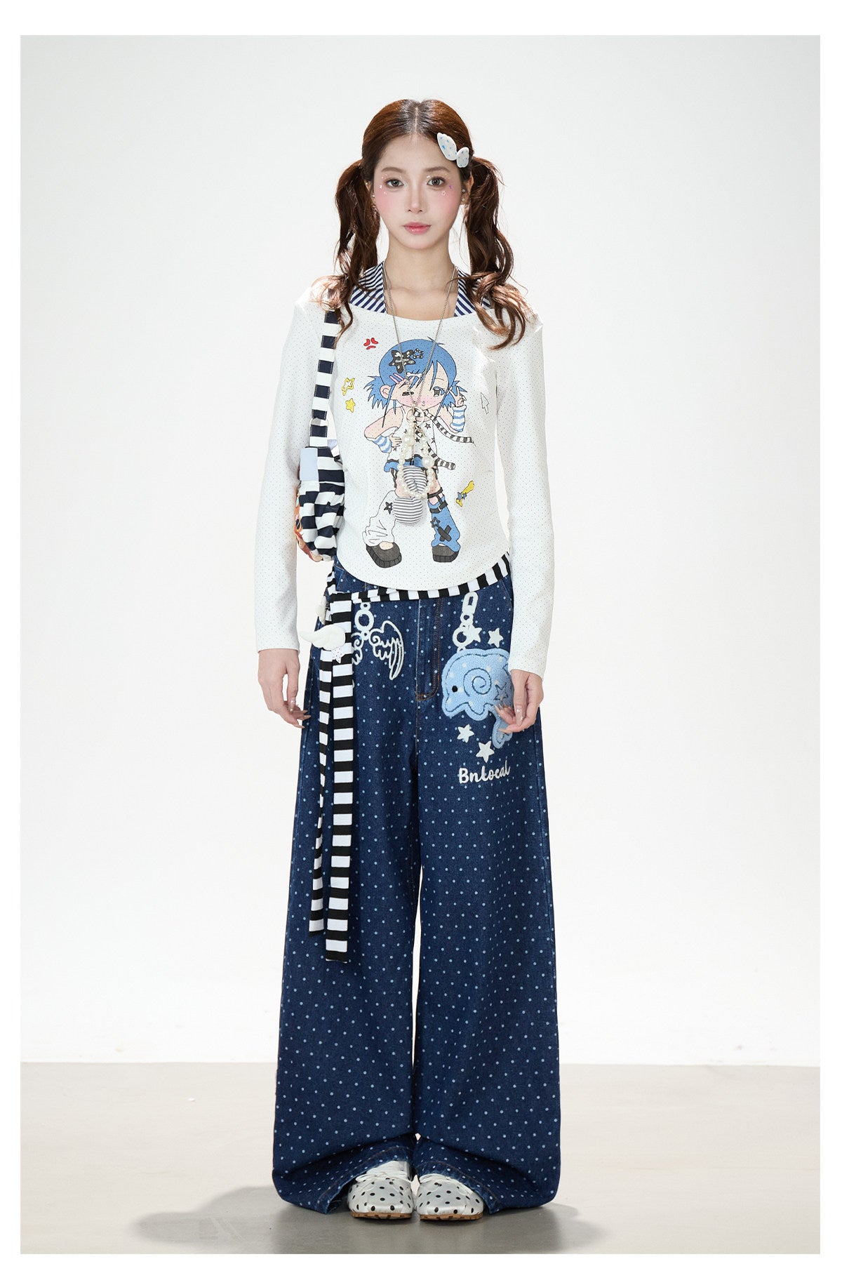 Dolphin Embroidered Polka Dot Wide-Leg Jeans