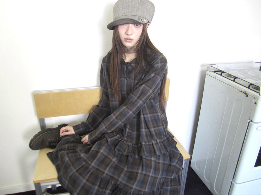 Plaid Ruffle-Hem Long Sleeve Shirt Dress