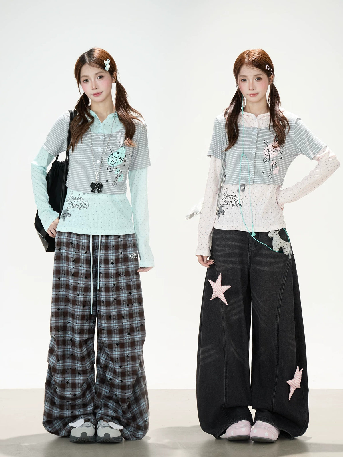 Striped Polka-Dot Layered Two-Piece Top Set & Star Patch Wide-Leg Jeans