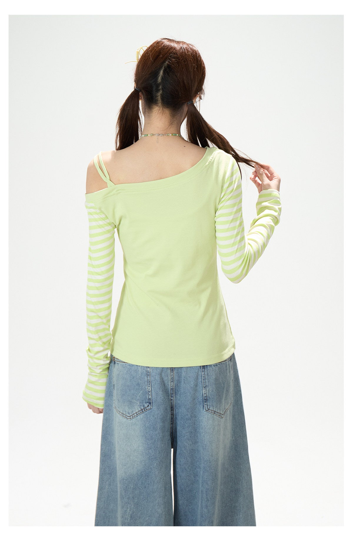 Clover Stripe Off-Shoulder Long Sleeve Top & Star Music Note Wide-Leg Jeans