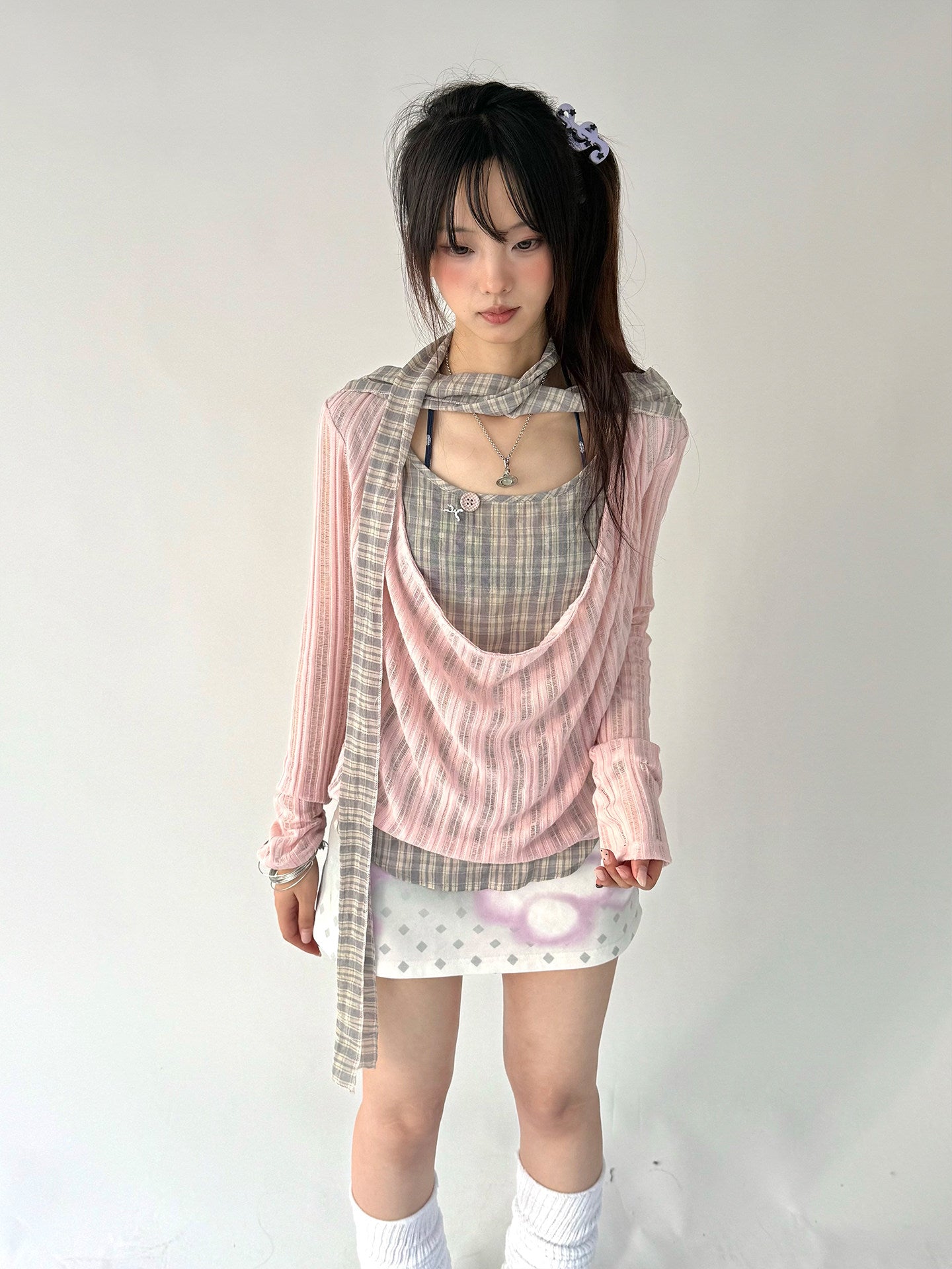 Dusty Pink Plaid Cowl-Neck Layered Top