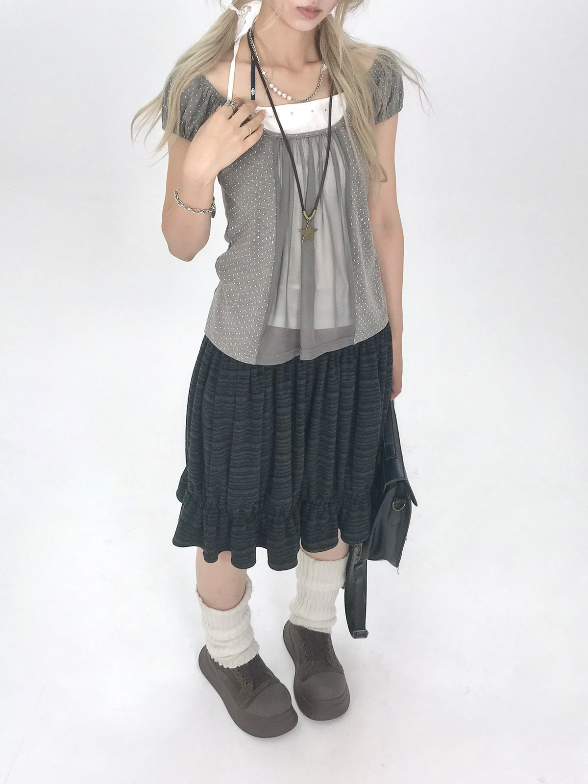 Polka Dot Mesh Panel Faux-Layered Short Sleeve Top